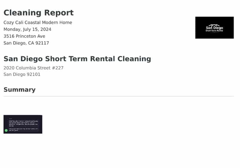 cleaning report for short term rental home